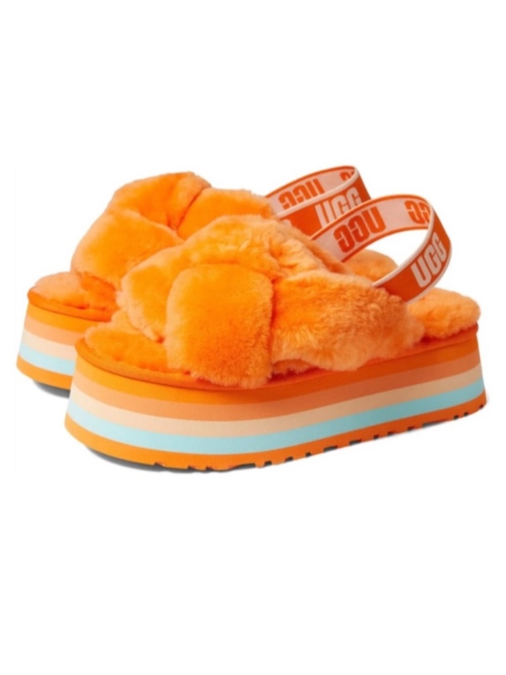 UGG Disco Knot Slides Orange Platform Sandal Sheepskin Fluffy Size 8